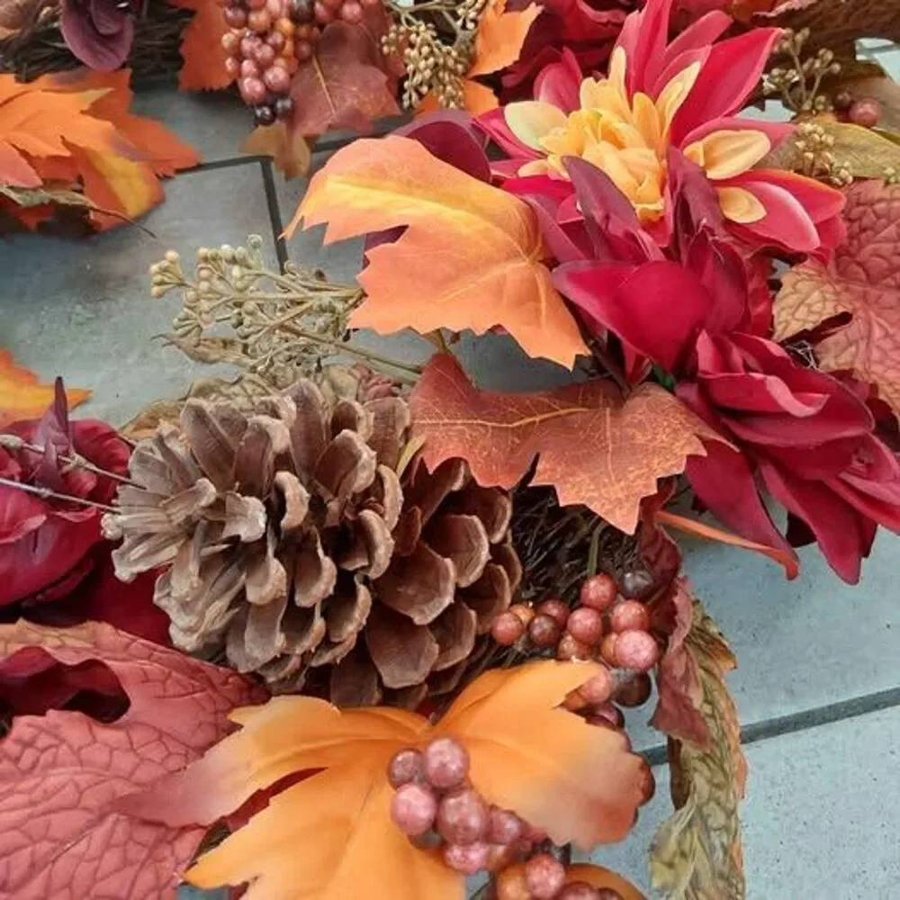 Door Wreath Autumn Dahlia, maple leaves and pinecone BURGUNDY RED ORANGE FLOWERS